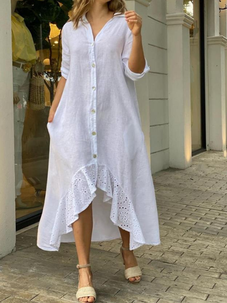 Pure White Eyelet Ruffled Shirt Dress