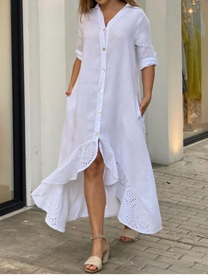 Pure White Eyelet Ruffled Shirt Dress