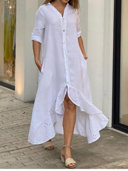 Pure White Eyelet Ruffled Shirt Dress